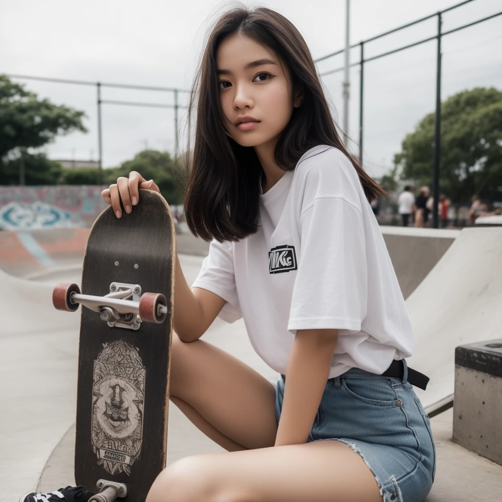 A beautiful Indonesian woman aged 20 years, full body, is fashionable skateboarding, dressed casually, wearing Vans shoes, at the skateboard park, at noon, Background, very detailed 8k 
