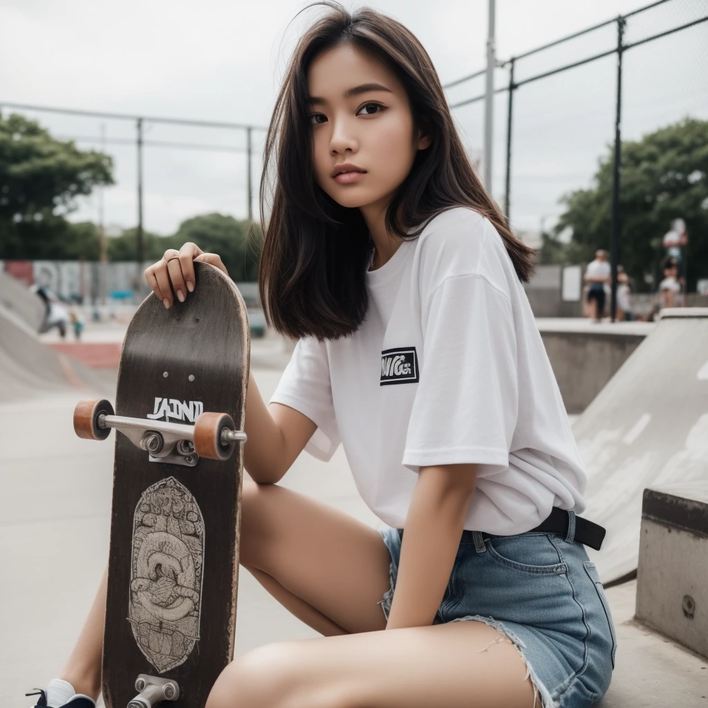 A beautiful Indonesian woman aged 20 years, full body, is fashionable skateboarding, dressed casually, wearing Vans shoes, at the skateboard park, at noon, Background, very detailed 8k 