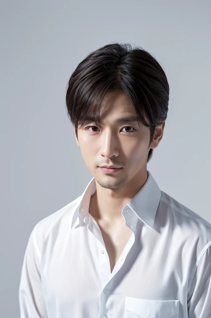 4K camera, perfect face, ultimate skin, Japanese man, white shirt, 30 years old, actor, pure white background
