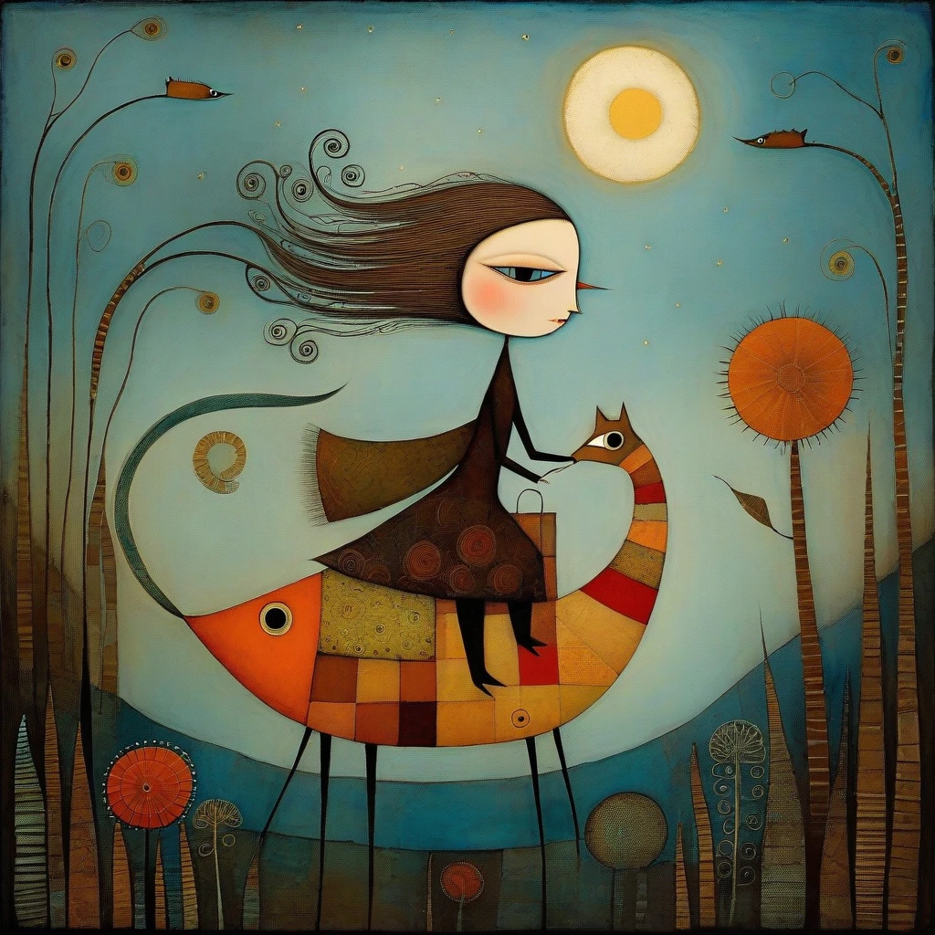 In the style of Andy Kehoe, Paul Klee, Tracy Grimwood. The adventures of a woman riding her seahorse, with dark blond hair, followed by long-necked cats. masterpiece