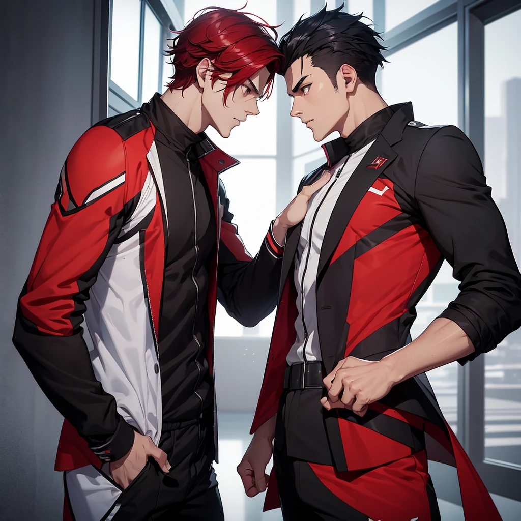 Two handsome guy glaring at eachother one with black hair and uniform and other with red hair in sport suit as they are rivals hense there's a tension between them . Everyone looking at them
