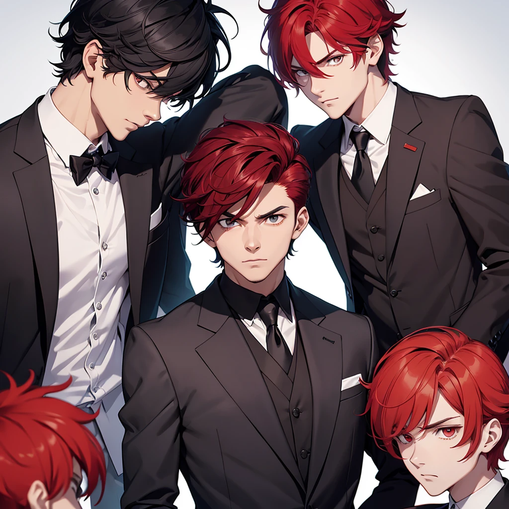 Two handsome guy glaring at eachother one with black hair and uniform and other with red hair in sport suit as they are rivals hense there's a tension between them . Everyone looking at them