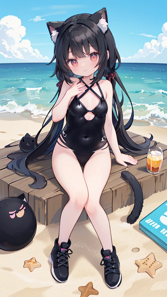 Anime girl wearing black swimsuit on the beach, (Perfect hands)very beautiful anime cat girl, , beautiful anime cat girl, at the beach, cute anime cat girl, Sitting beautiful anime girl wariza, At the beach, seductive anime girl, on the beach, anime cat girl, Anime cute art style, Anime girl sitting,Wearing black lace-up shoes