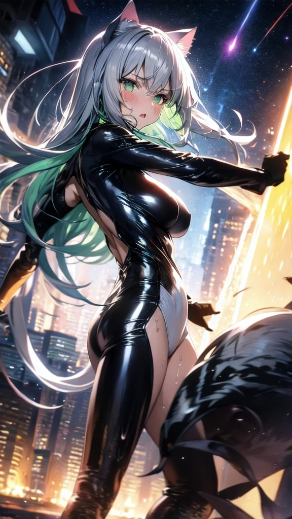 A silver-haired beautiful girl with cat ears eyes are green hair is silver and long clothes: a form-fitting black combat suit The fist is an afterimage The background is a city at night her is in a cat-like fighting pose The year is  monitor, Dark Night, Sweat, Steam of Exhalation, Space, Battle, Dynamic Angle　one girl