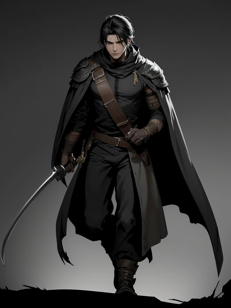 

The hero is a young man in his early twenties, exuding a quiet intensity. His hair is dark and tousled, falling just above his shoulders with a few stray locks framing his face. His eyes are a striking shade of green, reflecting both his resilience and the burdens he carries. Just below his right eye is a faint, thin scar, a testament to past battles and close encounters.

He wears a dark, weathered cloak that reaches his ankles, its edges frayed from countless journeys. Beneath the cloak, he dons a fitted, dark tunic made of sturdy material, designed for both protection and mobility. His pants are similarly durable, reinforced at the knees, and tucked into scuffed, well-worn boots that have seen many miles.

A leather belt cinches his waist, holding various pouches and the sheath of his sword. The sword itself, visible at his side, has an ornate hilt, hinting at a storied past and significant importance. On his left wrist, he wears a simple, yet rugged bracelet made of intertwined leather strips.

His demeanor is calm and composed, yet there's a palpable sense of determination and purpose in his stance. Despite his youth, his experiences have shaped him into a figure of quiet strength and unwavering resolve.