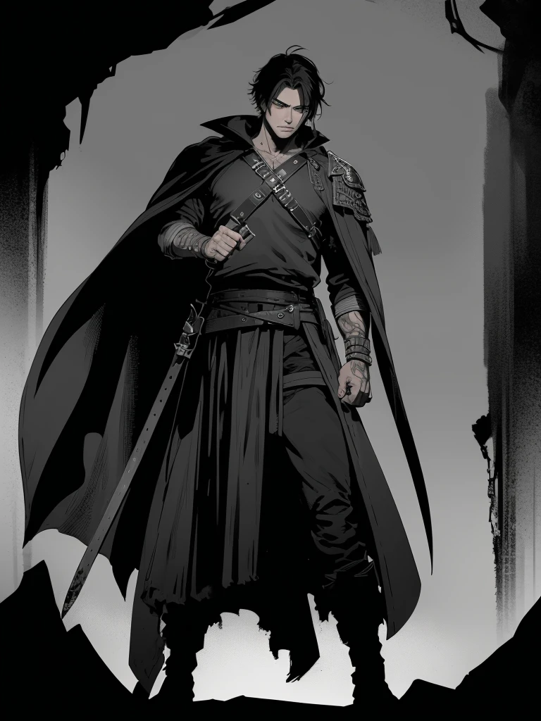 

The hero is a young man in his early twenties, exuding a quiet intensity. His hair is dark and tousled, falling just above his shoulders with a few stray locks framing his face. His eyes are a striking shade of green, reflecting both his resilience and the burdens he carries. Just below his right eye is a faint, thin scar, a testament to past battles and close encounters.

He wears a dark, weathered cloak that reaches his ankles, its edges frayed from countless journeys. Beneath the cloak, he dons a fitted, dark tunic made of sturdy material, designed for both protection and mobility. His pants are similarly durable, reinforced at the knees, and tucked into scuffed, well-worn boots that have seen many miles.

A leather belt cinches his waist, holding various pouches and the sheath of his sword. The sword itself, visible at his side, has an ornate hilt, hinting at a storied past and significant importance. On his left wrist, he wears a simple, yet rugged bracelet made of intertwined leather strips.

His demeanor is calm and composed, yet there's a palpable sense of determination and purpose in his stance. Despite his youth, his experiences have shaped him into a figure of quiet strength and unwavering resolve.