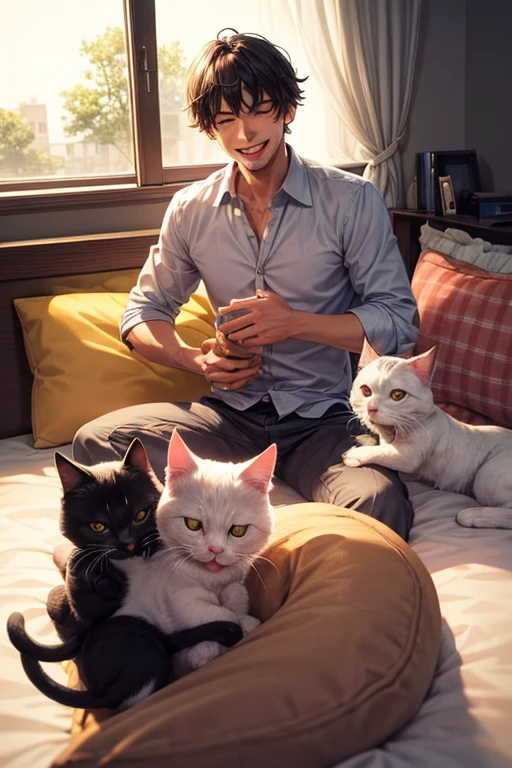 One man and three little cats,Three cats,A man surrounded by small cats,A refreshing man,Amazingly gentle smile,Mouth wide open,Cat smiles too,In the room,On the bed