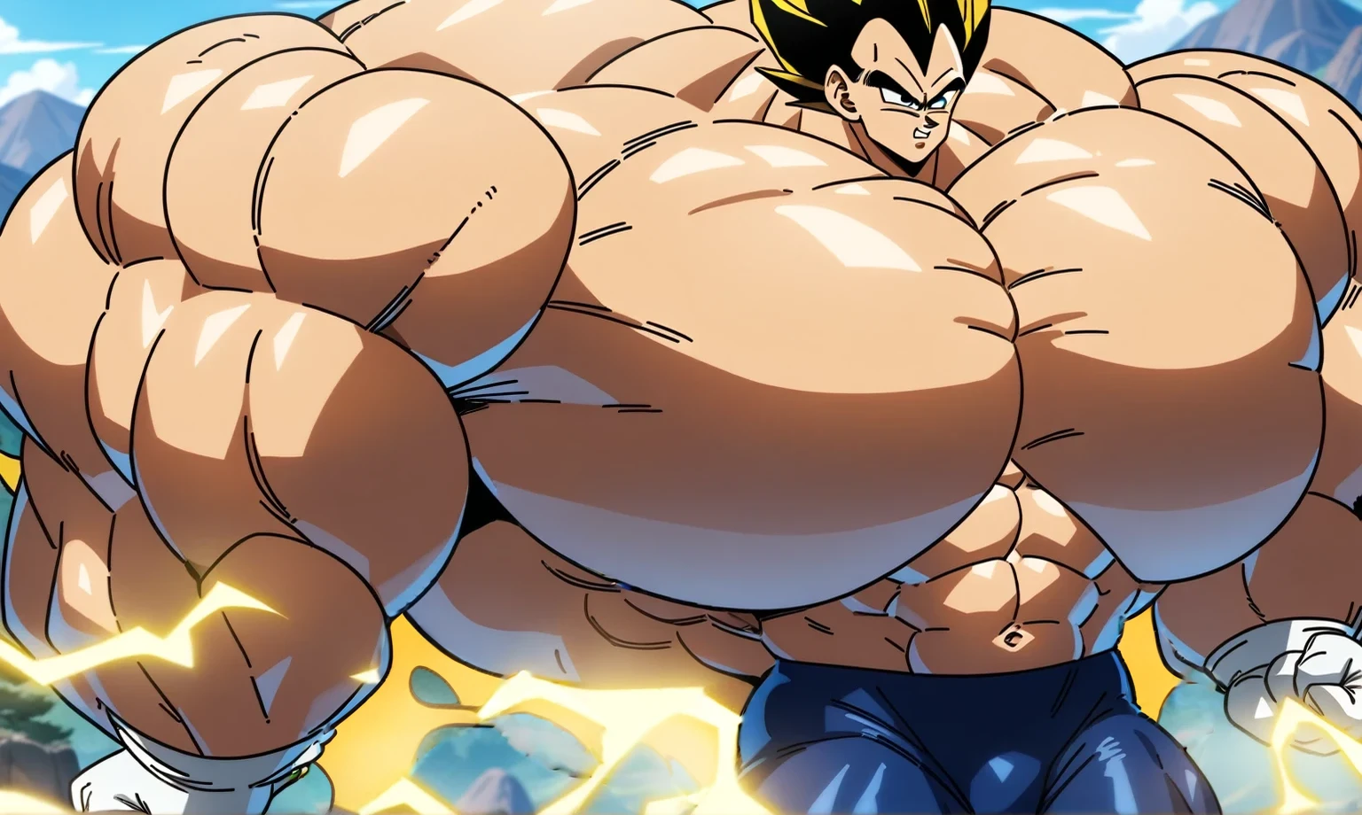 1boy, Vegeta, from Dragon Ball Z, masterpiece, best quality, very aesthetic, absurdres, saiyan, green eyes, spiked hair, (yellow hair:2), shirtless, blue skintight pants, white gloves, (huge muscles:2.5), dragonballartstyle, in the style of Akira Toriyama, outdoors, flat-top mountains, abs, yellow aura, electricity, nipples, (mountains in background:2)