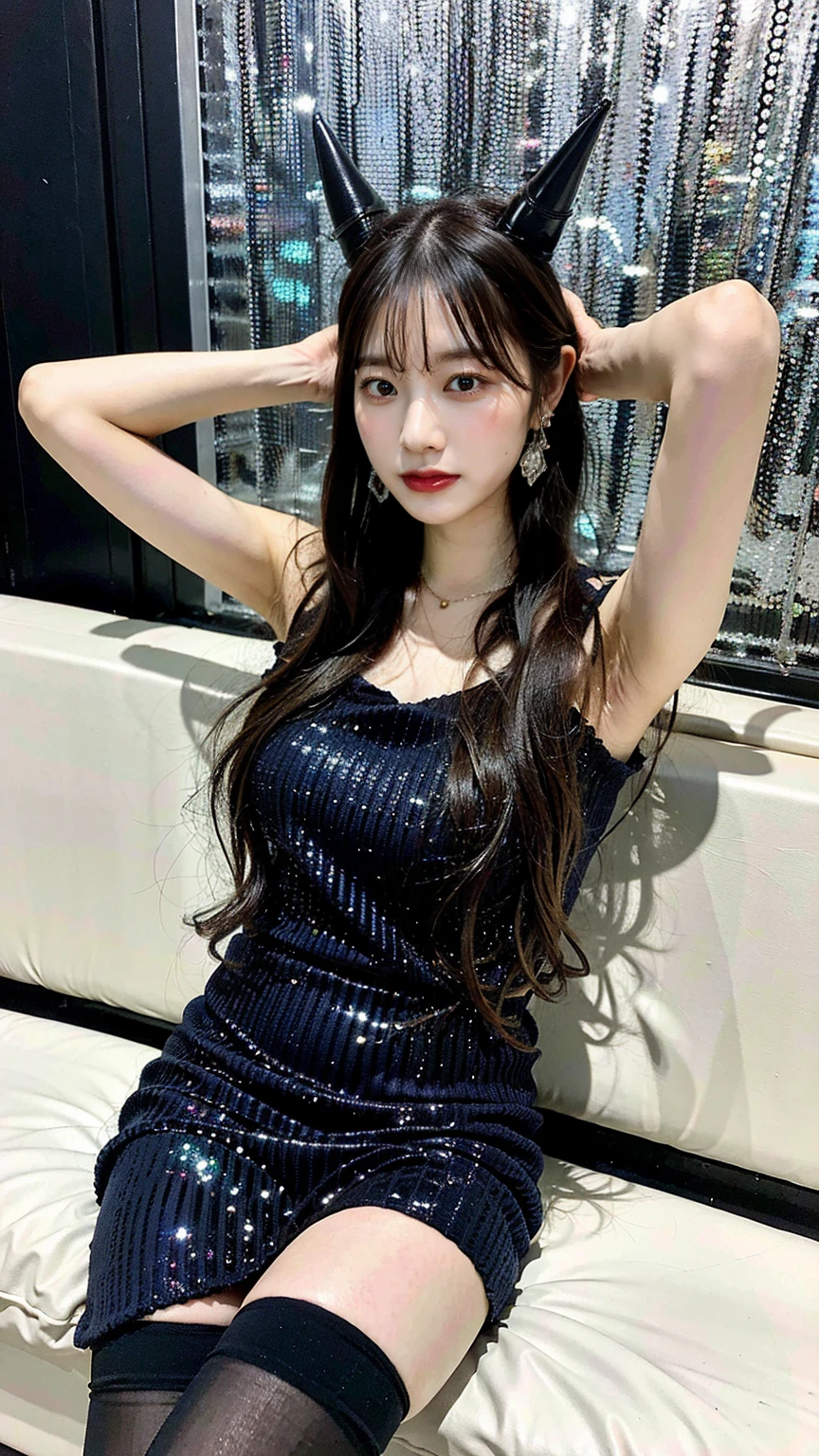 Arape is sitting on a sofa in a navy blue sequined dress and high heels, He has black horns on his head, Knee socks and skirt, Pantyhose Tights, Beautiful feet, Asian Girl, Beautiful legs, Beautiful face with arms and legs, Long legs