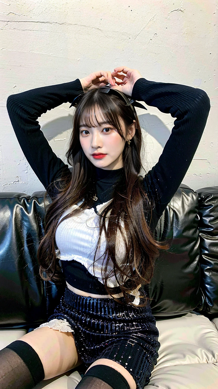 Arape is sitting on a sofa in a navy blue sequined dress and high heels, He has black horns on his head, Knee socks and skirt, Pantyhose Tights, Beautiful feet, Asian Girl, Beautiful legs, Beautiful face with arms and legs, Long legs