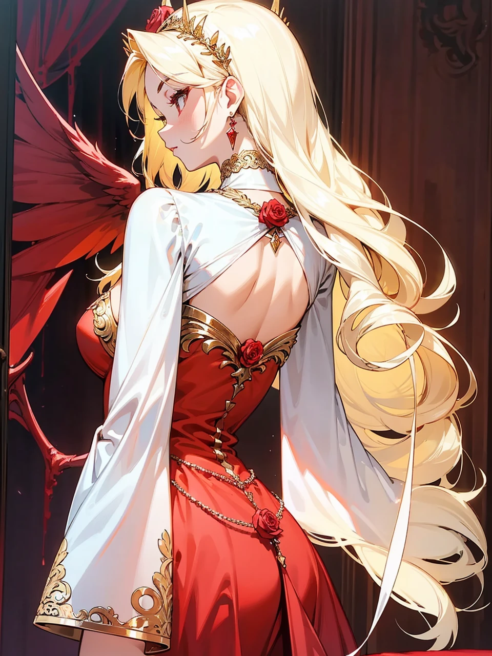 Add in roses to her dress, a good back dress design with some golden jewelry, make her dress into a red and white gown with a hat, give her some unique Jewelry, and make her look somewhat of a demonic angel like appearance to her