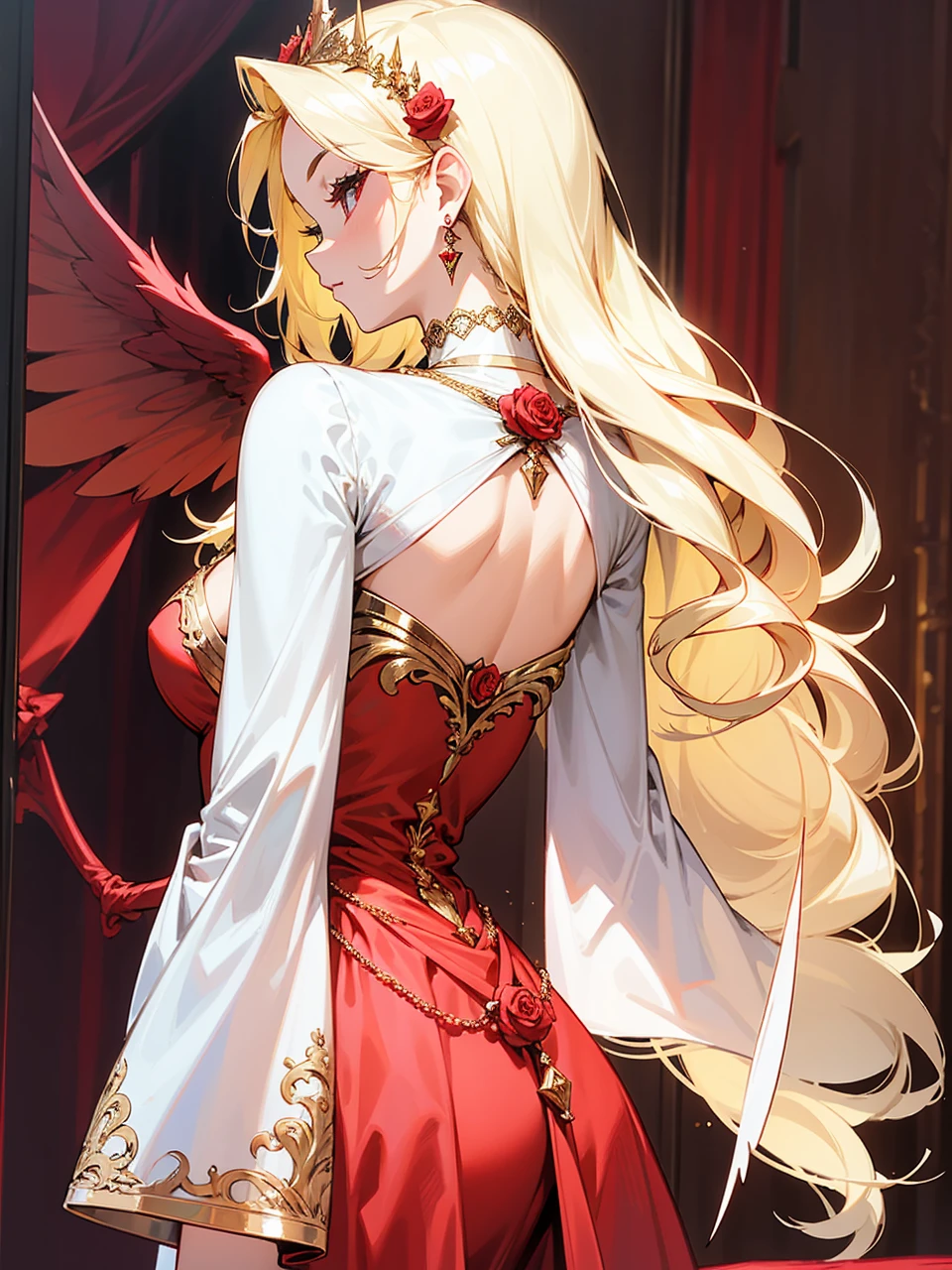 Add in roses to her dress, a good back dress design with some golden jewelry, make her dress into a red and white gown with a hat, give her some unique Jewelry, and make her look somewhat of a demonic angel like appearance to her