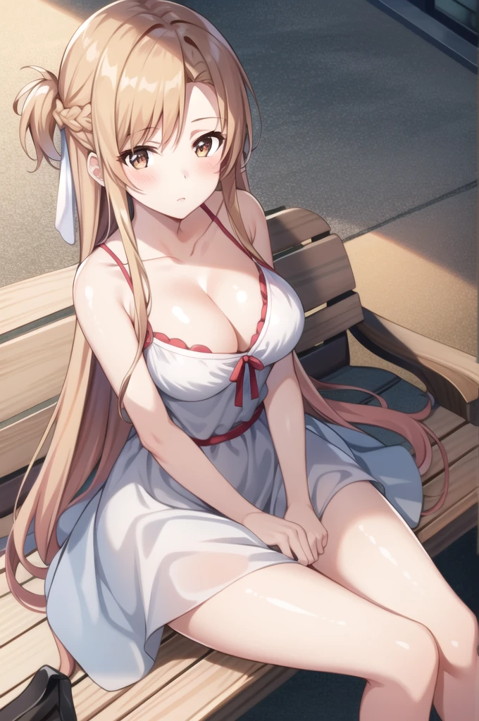 tall body, tall, long legs, mature female, mature, adult, simple background, indoors
 Eft_sao_asuna, 1girl, long hair, asuna (sao), brown hair, solo, brown eyes, looking at viewer, braid, very long hair, blush, shiny skin, cleavage, masterpiece, from above, looking at viewer, downblouse, sitting at bench