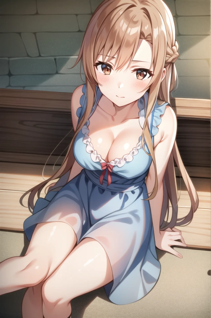 tall body, tall, long legs, mature female, mature, adult, simple background, indoors
 Eft_sao_asuna, 1girl, long hair, asuna (sao), brown hair, solo, brown eyes, looking at viewer, braid, very long hair, blush, shiny skin, cleavage, masterpiece, from above, looking at viewer, downblouse, sitting at bench