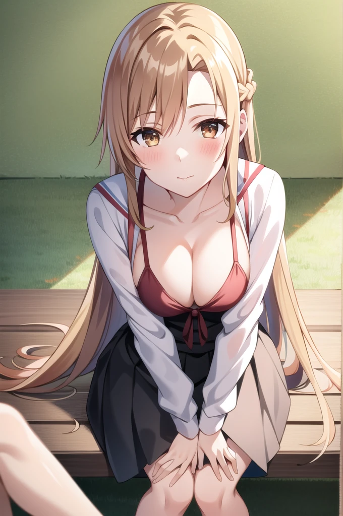 tall body, tall, long legs, mature female, mature, adult, simple background, indoors
 Eft_sao_asuna, 1girl, long hair, asuna (sao), brown hair, solo, brown eyes, looking at viewer, braid, very long hair, blush, shiny skin, cleavage, masterpiece, from above, looking at viewer, downblouse, sitting at bench