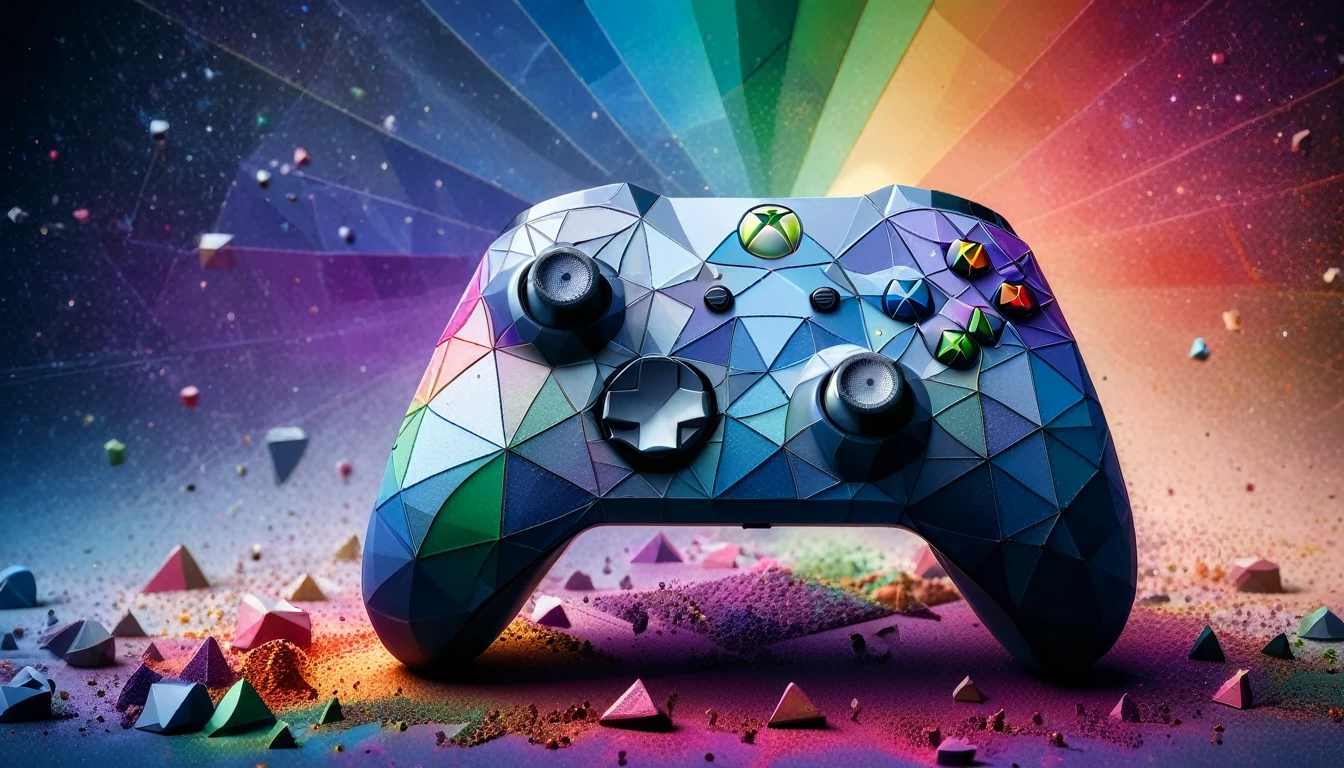 a photo shot of a xbox controller,ral-polygon,rainbow colored dust in the background,masterpiece,high quality,