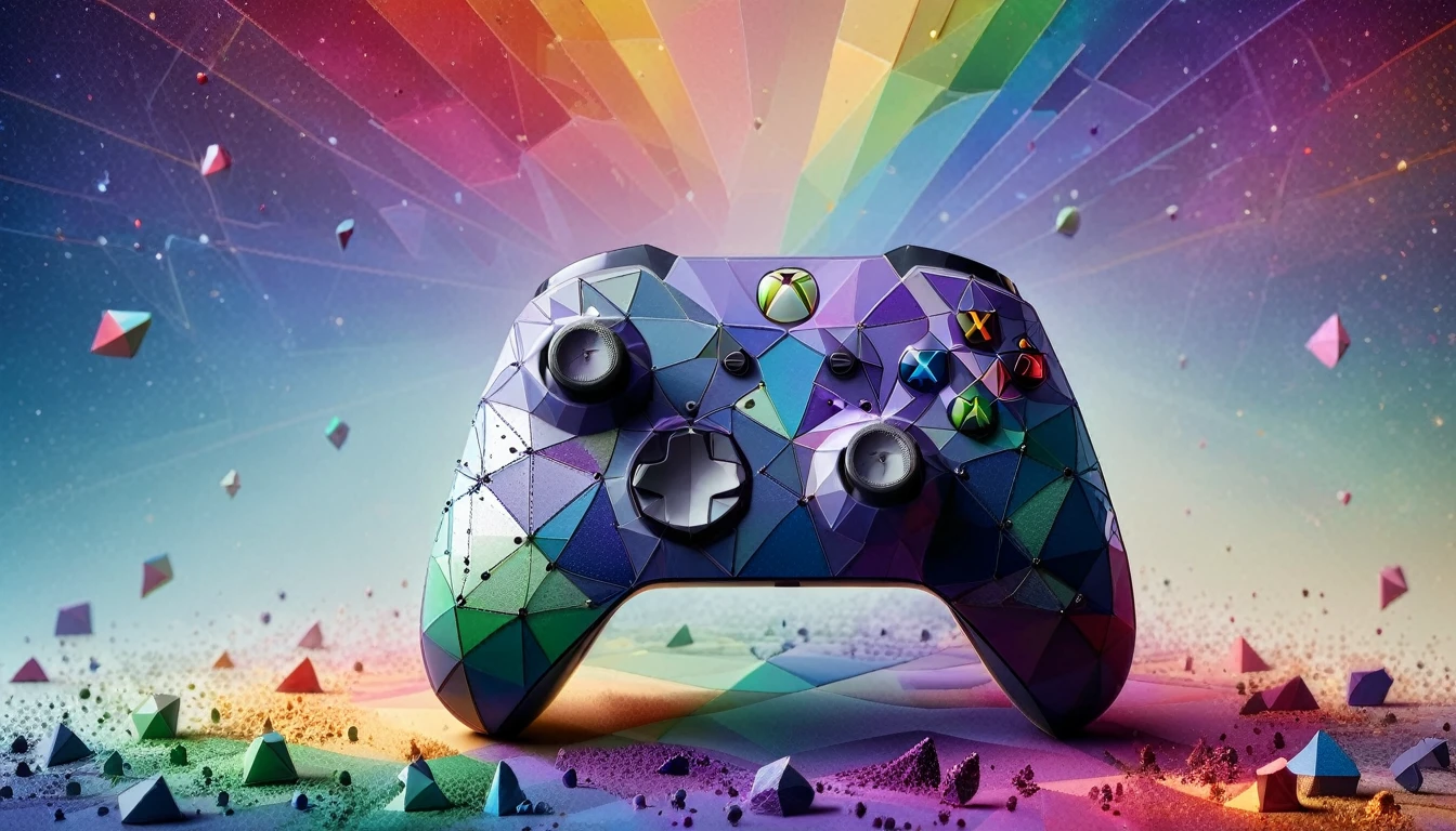 a photo shot of a xbox controller,ral-polygon,rainbow colored dust in the background,masterpiece,high quality,