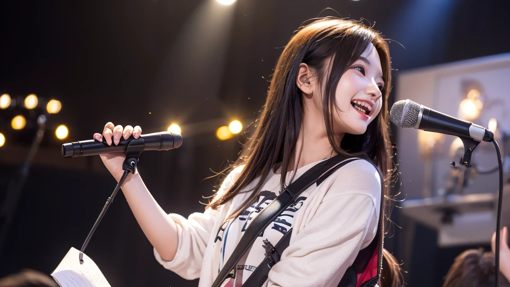 Singing on the boat、Cute with a smile、One girl at 20 years old、Rock clothes、Physiologically correct body, Blur the background、Hold the microphone