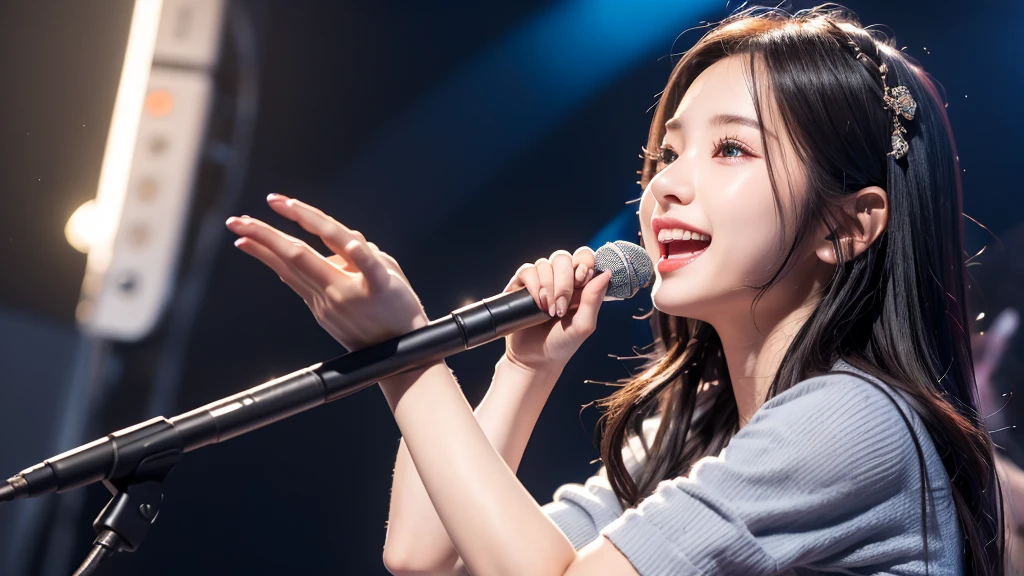 Singing on the boat、Cute with a smile、One girl at 20 years old、Rock clothes、Physiologically correct body, Blur the background、Hold the microphone