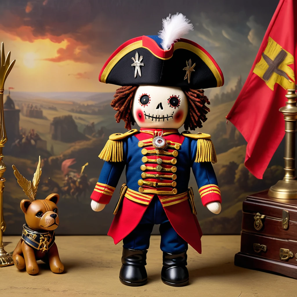 (knitted toy voodoo doll:1.7), (Voodoo Napoleon Bonaparte:1.3), (Clothing: Napoleonic military attire with eagle patterns:1.0), (Accessories: enchanted bicorne hat emitting a golden glow, floating map of Europe:1.1), (background: historic battlefield with charging cavalry, flying banners, and an atmosphere of strategic brilliance:1.2), best quality, masterpiece, detailed soft oil painting, detailed background, dramatic cinematic lighting, soft edge lighting, professional, dramatic lighting, hard edge lighting, ultra quality, 4k,masterpiece, best quality, 8k, ultra highres, highres, extremely detailed