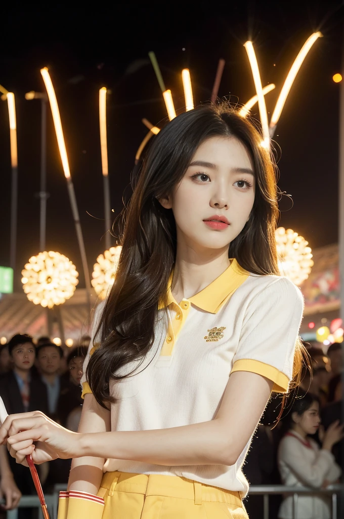 (((best quality))),(((ultra detailed))),(((masterpiece))),illustration, ((Olympic Opening Ceremony,in Paris,summer night,magnificent National stadium of France,Olympic torch lighting, fireworks)),(crowded crowds of enthusiastic spectators:1.3),((a beautiful Chinese girl,solo)),((shoulder length straight hair:1.2)),((slim,thin)),((small breasts,flat chest)),(((red short-sleeved collared polo shirt,yellow pants))), excited expression, awe, celebrating, electric atmosphere, sense of pride, excitement, playing field, crowd energy, unity, camaraderie, representing China, historic event, memorable moment,((from front,upper body))