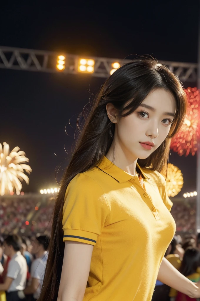 (((best quality))),(((ultra detailed))),(((masterpiece))),illustration, ((Olympic Opening Ceremony,in Paris,summer night,magnificent National stadium of France,Olympic torch lighting, fireworks)),(crowded crowds of enthusiastic spectators:1.3),((a beautiful Chinese girl,solo)),((shoulder length straight hair:1.2)),((slim,thin)),((small breasts,flat chest)),(((red short-sleeved collared polo shirt,yellow pants))), excited expression, awe, celebrating, electric atmosphere, sense of pride, excitement, playing field, crowd energy, unity, camaraderie, representing China, historic event, memorable moment,((from front,upper body))
