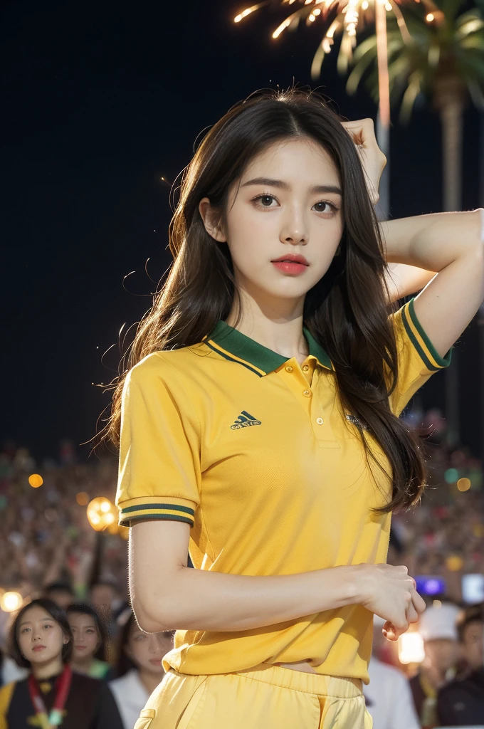 (((best quality))),(((ultra detailed))),(((masterpiece))),illustration, ((Olympic Opening Ceremony,in Paris,summer night,magnificent National stadium of France,Olympic torch lighting, fireworks)),(crowded crowds of enthusiastic spectators:1.3),((a beautiful Chinese girl,solo)),((shoulder length straight hair:1.2)),((slim,thin)),((small breasts,flat chest)),(((red short-sleeved collared polo shirt,yellow pants))), excited expression, awe, celebrating, electric atmosphere, sense of pride, excitement, playing field, crowd energy, unity, camaraderie, representing China, historic event, memorable moment,((from front,upper body))