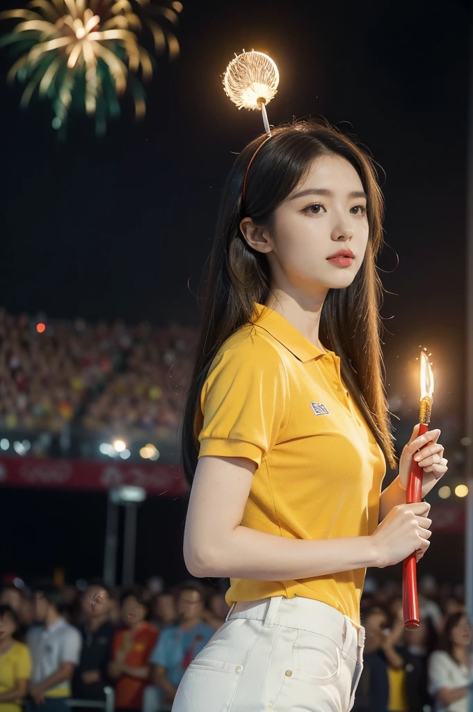 (((best quality))),(((ultra detailed))),(((masterpiece))),illustration, ((Olympic Opening Ceremony,in Paris,summer night,magnificent National stadium of France,Olympic torch lighting, fireworks)),(crowded crowds of enthusiastic spectators:1.3),((a beautiful Chinese girl,solo)),((shoulder length straight hair:1.2)),((slim,thin)),((small ,flat chest)),(((red short-sleeved collared polo shirt,yellow pants))), excited expression, awe, celebrating, electric atmosphere, sense of pride, excitement, playing field, crowd energy, unity, camaraderie, representing China, historic event, memorable moment,((from front,upper body))