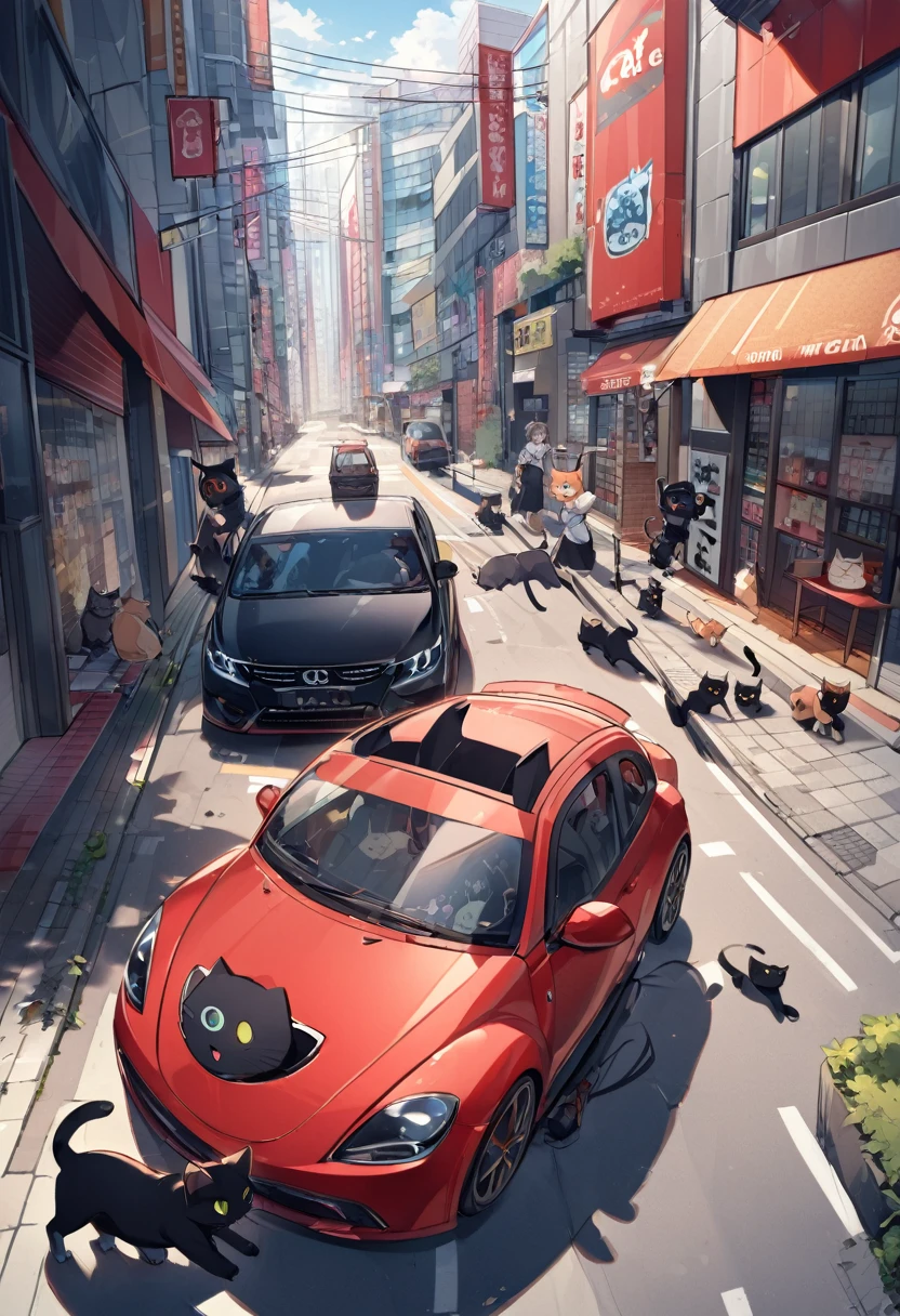 there is a black Cat walking on the sidewalk next to a red car, Cat attacking tokyo, the Cat is walking, black Cat in a city made of yarn, ninja Cat, Cats! Stay around, there is a Cat next to her, black Cat, completely robot!! Cat, the Cat who could drive a car, demon Cat, Beasts