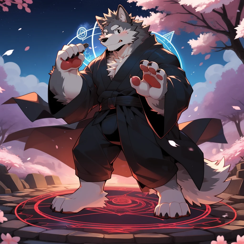 Scribble Wolf face,Cute face,Humanity(Wolf),(Black robe:1.3),Muscular,(Black eyebrows:1.1),(Perfect black eyes),(artist:Takemoto Arashi),(Bulging buttocks),(black sexy underwear),Cherry blossoms,Night Sky,Wolf尾巴,Furry Paws,(Magic Circle:1.2),cry。