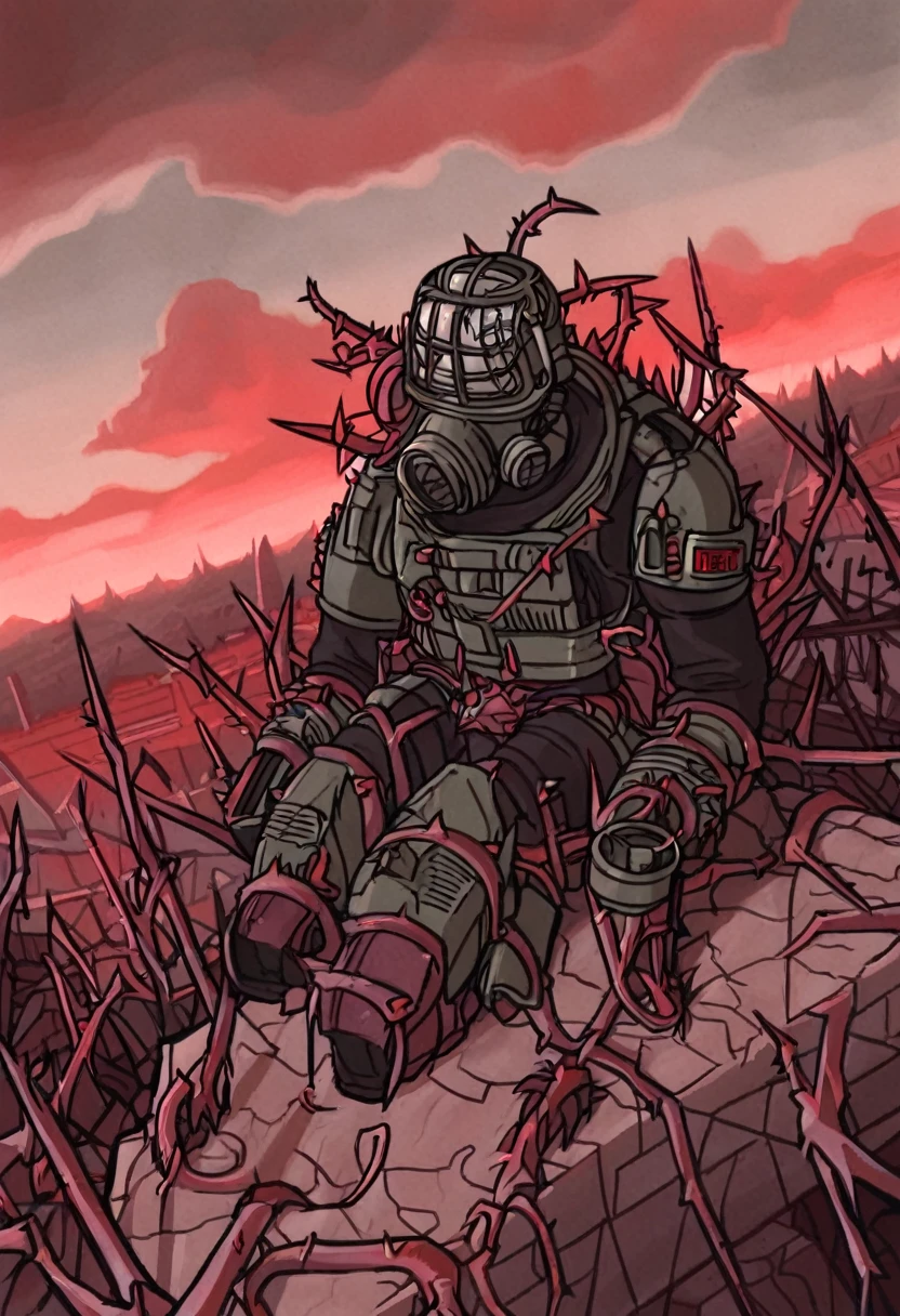 Hell's Place, Red Sky, thorns, Black Rocks, The Atmosphere of Death, gloomy buildings, view from above, renegades of chaos, Cultists, respirators, helmet and angular armor