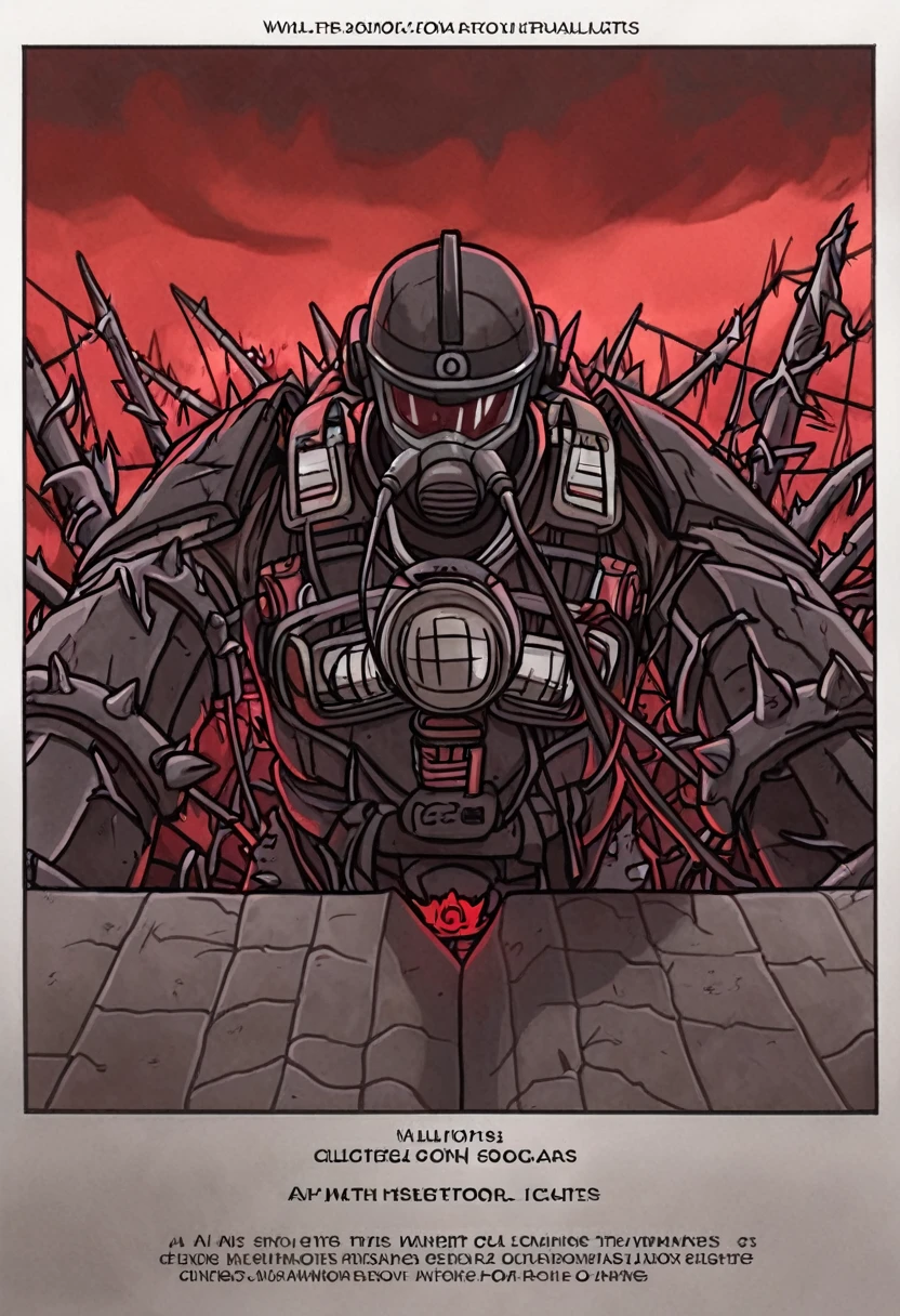 Hell's Place, Red Sky, thorns, Black Rocks, The Atmosphere of Death, gloomy buildings, view from above, renegades of chaos, Cultists, respirators, helmet and angular armor