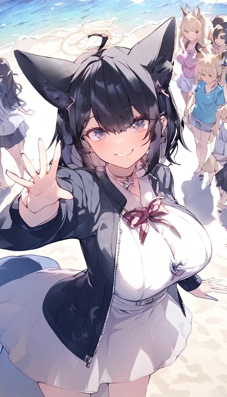 a cartoon character is giving peace signs to the camera and standing on a beach with a large crowd of people nearby, 1girl, v, animal ears, solo, black hair, breasts, double v, tail, jacket, fox ears, large breasts