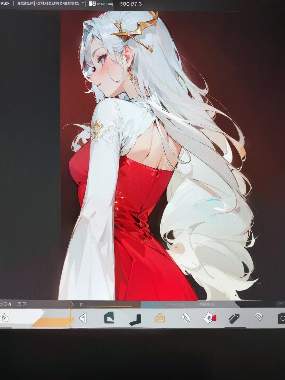Add in roses to her dress, a good back dress design with some golden jewelry, make her dress into a red and white gown with a hat, give her some unique Jewelry, and make her look somewhat of a demonic angel like appearance to her