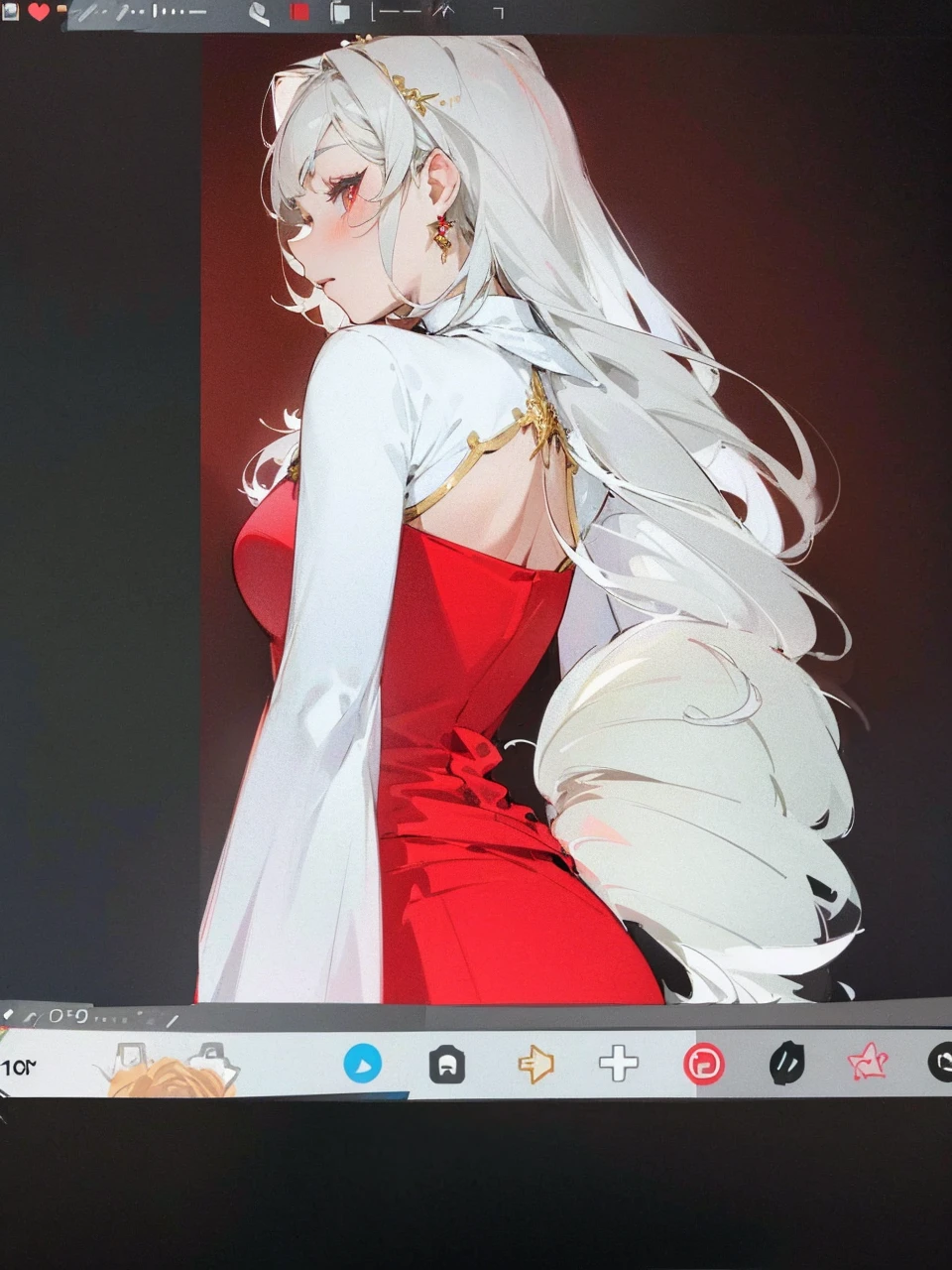 Add in roses to her dress, a good back dress design with some golden jewelry, make her dress into a red and white gown with a hat, give her some unique Jewelry, and make her look somewhat of a demonic angel like appearance to her