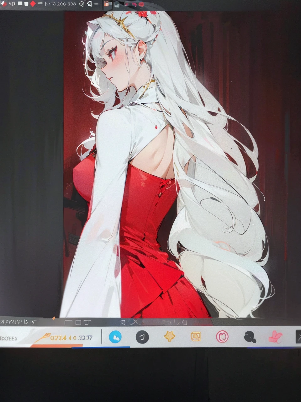Add in roses to her dress, a good back dress design with some golden jewelry, make her dress into a red and white gown with a hat, give her some unique Jewelry, and make her look somewhat of a demonic angel like appearance to her