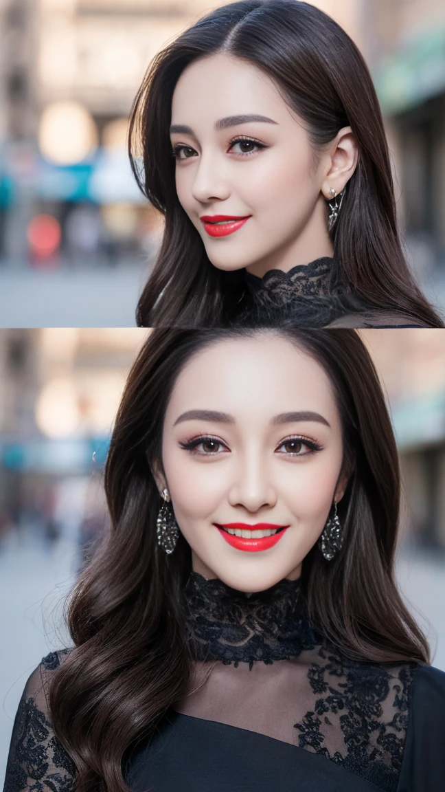 ((Best quality, 8k, Masterpiece :1.3)), 1girl, smiling, Red lipstick, sensual Lipstick, Sensational Make up, full body, slim face, Pretty woman, (Dark brown hair), full length dress :1.1, Ultra-detailed face, Detailed eyes, Double eyelid, blur background, slim face, city, outside, street,