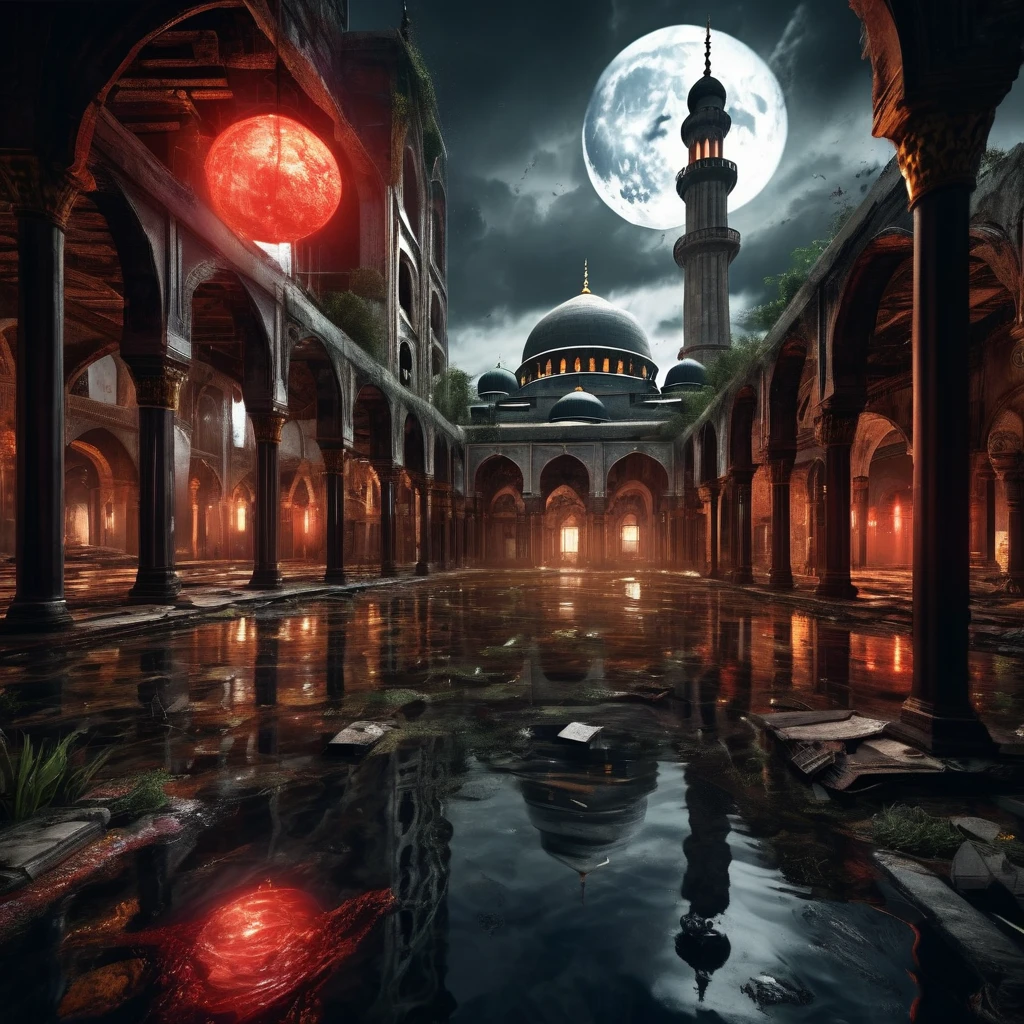 Create a post-apocalyptic scenario where water floods the earth, with few trees and many destroyed structures and buildings. ((Only the mosque remains intact)). ((Red light appears to come out from inside the mosque)). A large full moon against black clouds. Add high-resolution details, such as abandoned buildings, roadside rachaduras, broken electrical installations, and poor lighting. A cena deve ter um tom misterioso e sombrio, with water elements and ruins, high resolution, hyper detalhado, add ships used as cities, cidades de navios, 8K, high quality