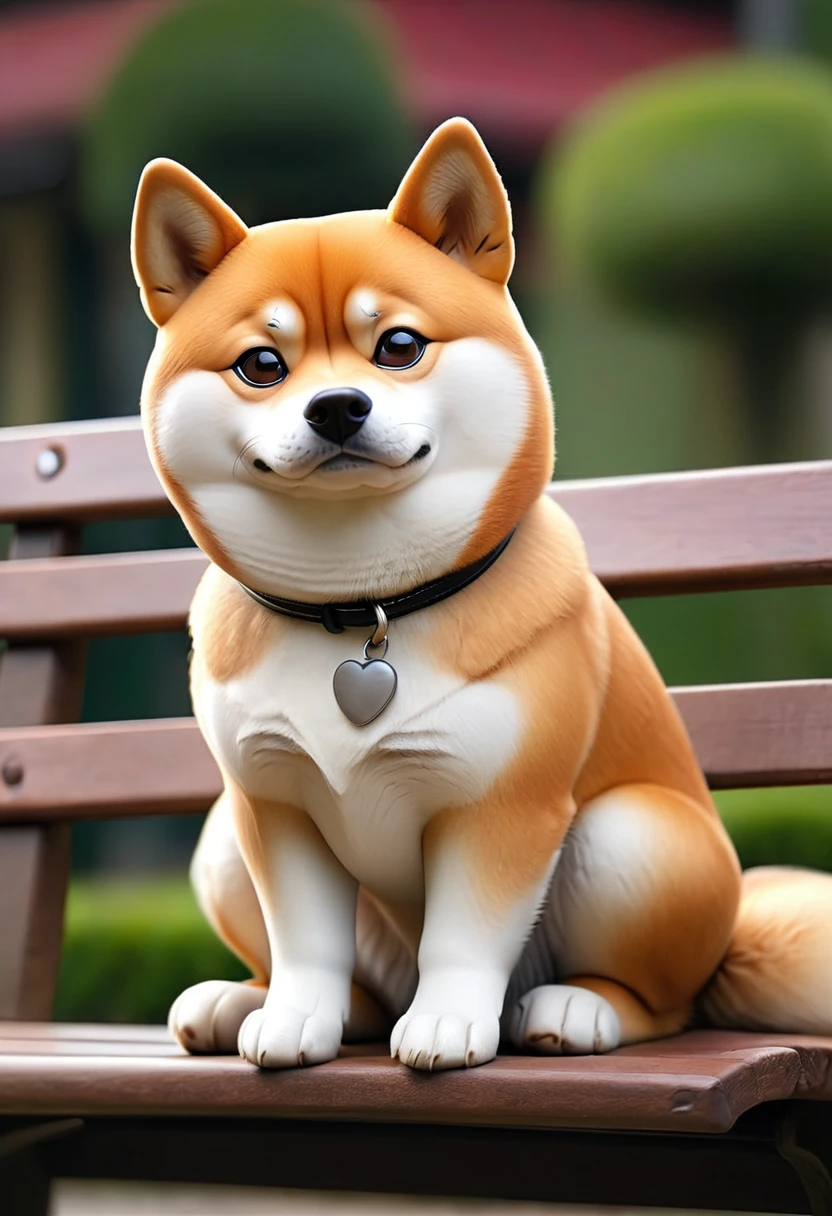 Shiba Inu Shiba sitting alone on a bench, with drooping ears and a sad expression, in a natural dog posture.