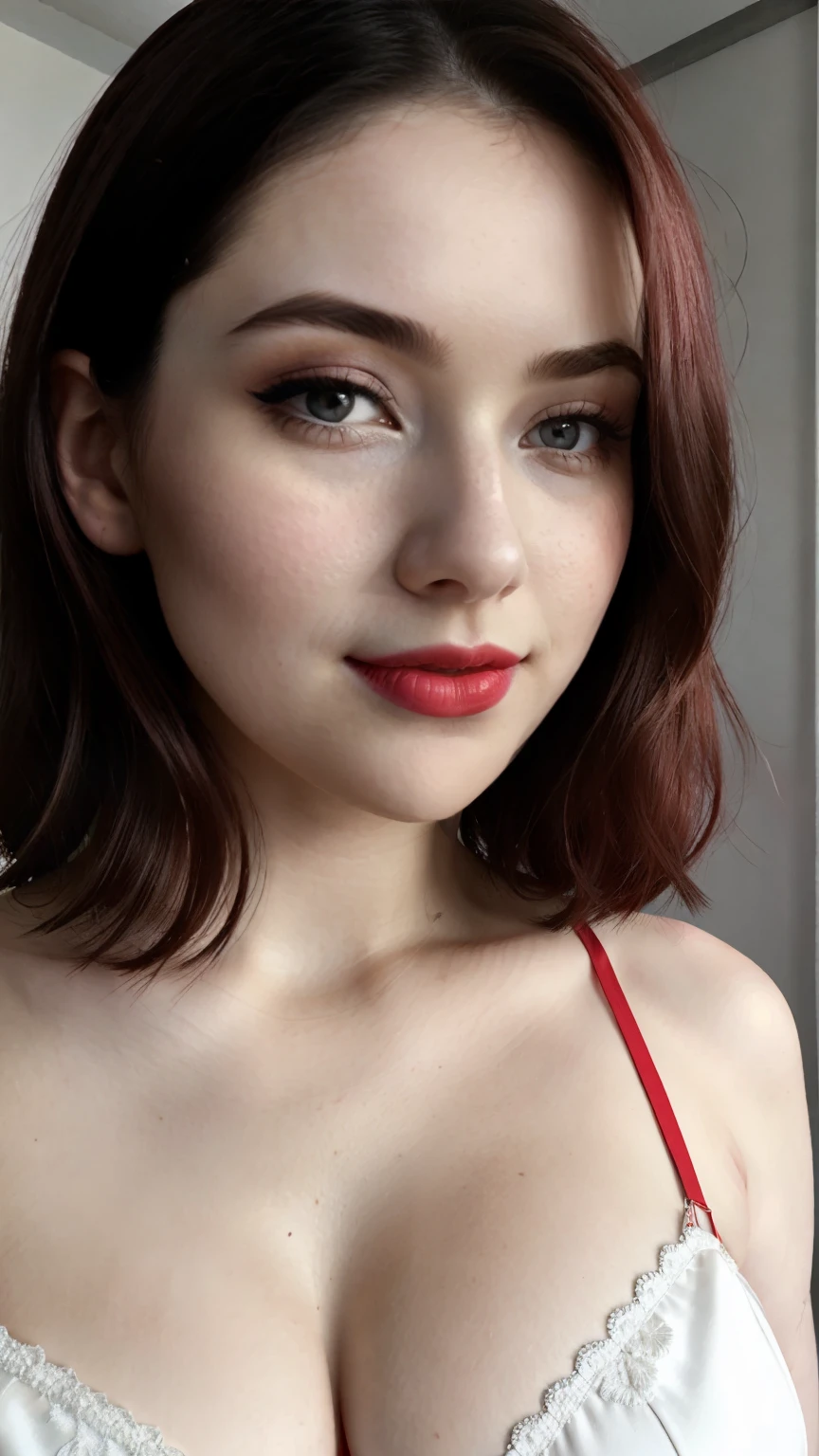 1 Girl, Beautiful, , White Skin, Gigantic Colossal Chest, instagram photo, closeup face photo of 23 y.o Chloe in G-string, Red Lipstick, sensual Lipstick, Sensational Make Up, cleavage, pale skin, (smile:0.4), hard shadows, Red G-STRING, bright lighting 