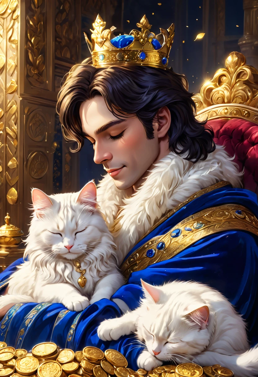 A beautiful prince sleeping while holding a white fluffy cat, they close their eyes and smile, a beautiful palace, surrounded by gold coins, piles of gold coins and banknotes, the prince is dressed in a luxurious royal blue wearing a velvet robe, a crown, and a rose