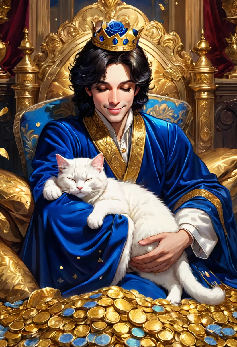 A beautiful prince sleeping while holding a white fluffy cat, they close their eyes and smile, a beautiful palace, surrounded by gold coins, piles of gold coins and banknotes, the prince is dressed in a luxurious royal blue wearing a velvet robe, a crown, and a rose