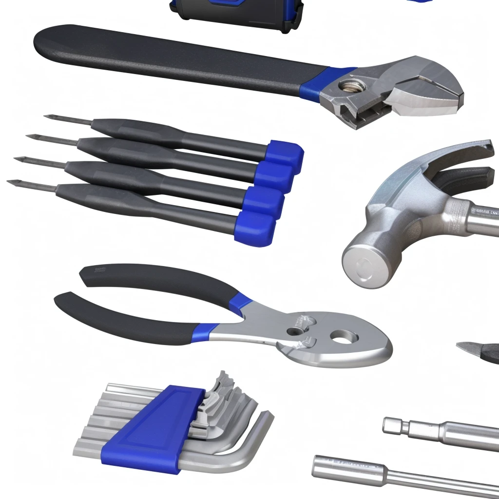 a close up of a variety of tools on a white surface, tools, wrench, wrench, tool, "High quality product image", 3D Model, 3D Model, marmoset toolbag Rendering, 3D ProductsRendering, Rendering, Surrealism, 3D Products, 数字Rendering, hammer, marmoset toolbag render, toolbelt，unbelievably realistic