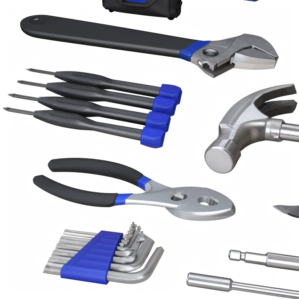 a close up of a variety of tools on a white surface, tools, wrench, wrench, tool, "High quality product image", 3D Model, 3D Model, marmoset toolbag Rendering, 3D ProductsRendering, Rendering, Surrealism, 3D Products, 数字Rendering, hammer, marmoset toolbag render, toolbelt，unbelievably realistic