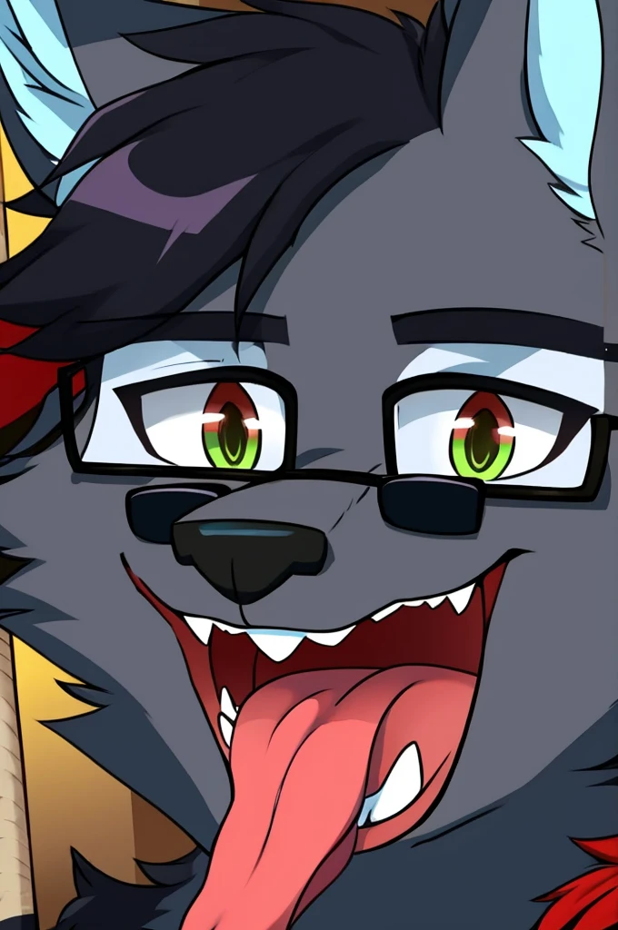 Face of a furry wolf with black glasses and the tongue sticking out 