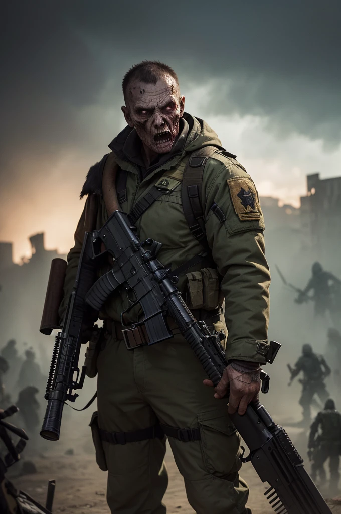 "a highly detailed photorealistic depiction of a topless USA zombie soldier with intricate injuries, clad only in camouflage pants, walking stealthily from a bush towards the camera under the cover of night, without any visible boats nearby."