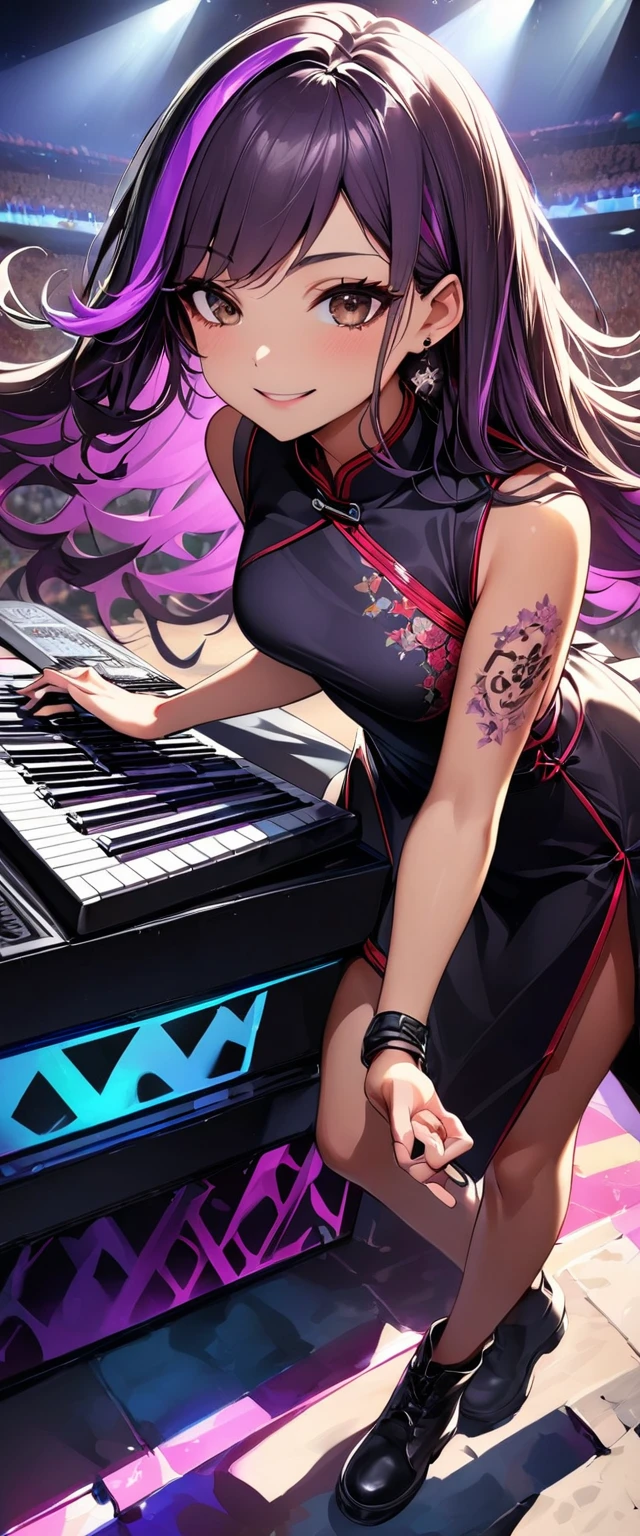 (highest quality:1.2, Very detailed, up to date, Vibrant, Ultra-high resolution, High Contrast, masterpiece:1.2, highest quality, Best aesthetics), Portraiture、girl、keyboard player、stage、performance、Rock Music、Bright colors、Beautiful fine details、Beautiful lip detail、long hair、black and purple ((streaked hair:1.6)), highlights hair: 1.5, brown eyes, slim body, (small breast:0.7), Music band、Cheerful pose、(raise left hand high:1.5), Concert Light、Edgy Style、(colorful Cheongsam:1.2), (no sleeve:1), Dynamic Movement、hypnotic sounds、Stadium、amplifier、Loud music、(playing keyboards:1.6), (Floral Fineline tattoo design on left arm:1), Passionate performance、Sparkling stage、Concert atmosphere、Music Festival、Full of emotion、Rock star attitude、Resolute expression、Avid Fan、The presence of an attractive stage、 Expressive gestures、Rock star aura、An exciting atmosphere、An unforgettable show, closs earing, (full body:1.5)