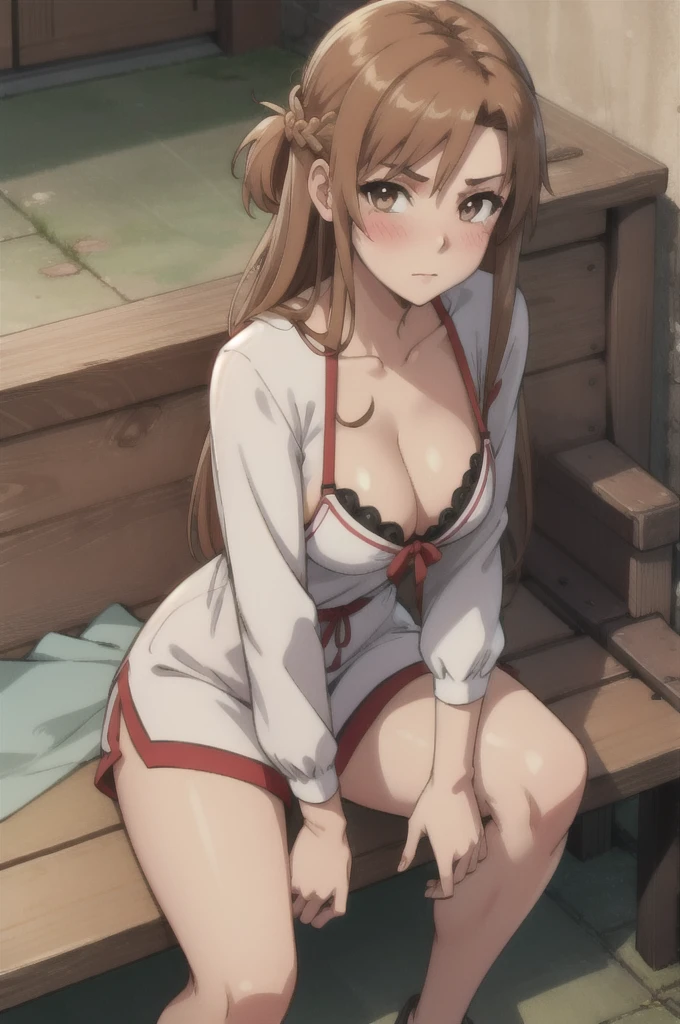 tall body, tall, long legs, mature female, mature, adult, simple background, indoors
 Eft_sao_asuna, 1girl, long hair, asuna (sao), brown hair, solo, brown eyes, looking at viewer, braid, very long hair, blush, shiny skin, cleavage, masterpiece, from above, looking at viewer, downblouse, sitting at bench