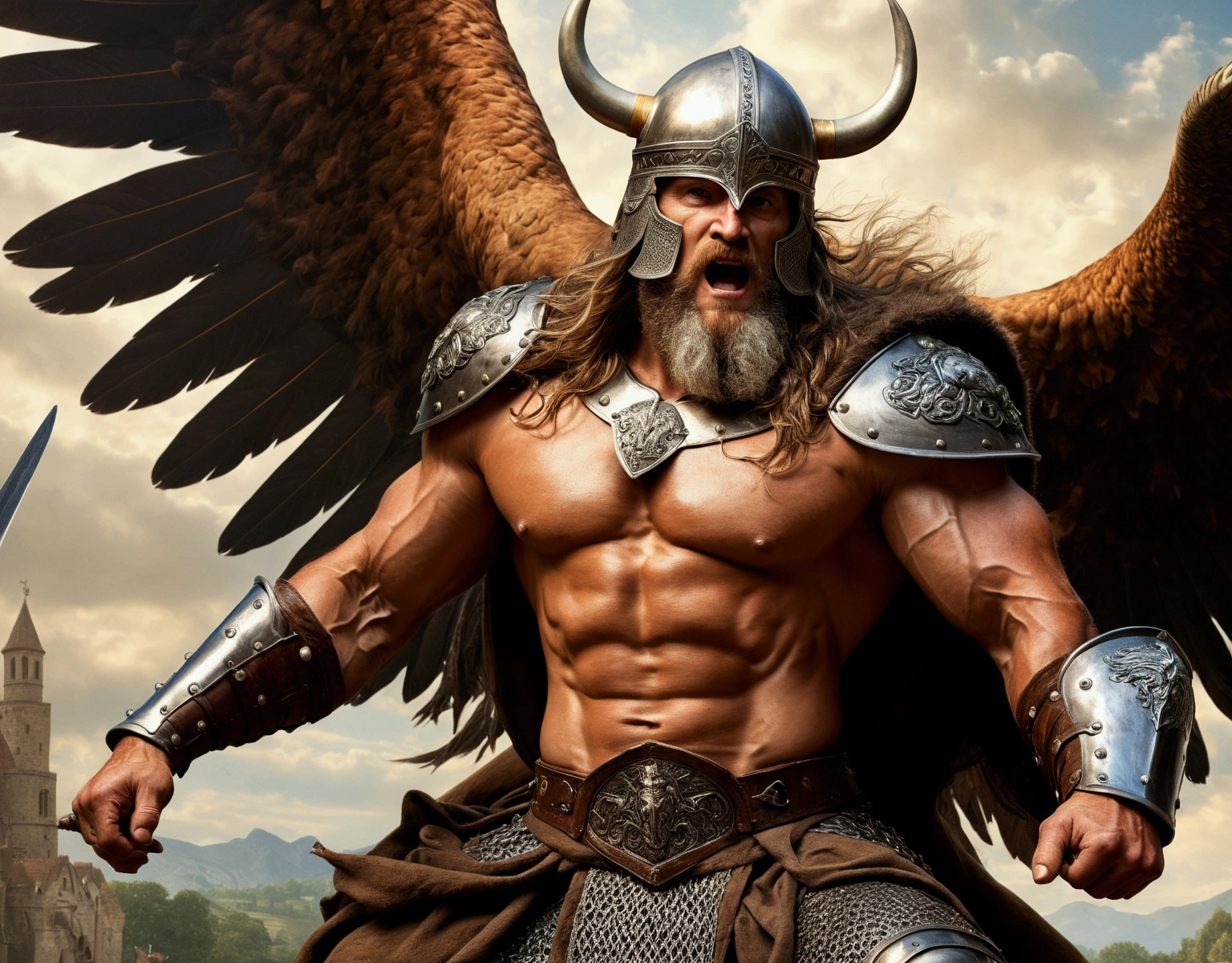 Detailed old oil painting, da vinci style, dramatic, epic, heroic. Man with muscles, god like, viking helmet, wearing armor on legs and arms, highly detailed character, (Extremely detailed CG 8k wallpaper), figting a griffin, attacking the wild beast, dramatic war background. Body photo of the most beautiful artwork in the world, Medieval armor, Body portrait, old style, landscare format.
