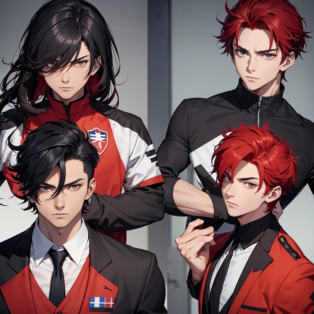 Two handsome boy glaring at eachother one with black hair and uniform and other with red hair in sport suit as they are rivals hense there's a tension between them . Everyone looking at them